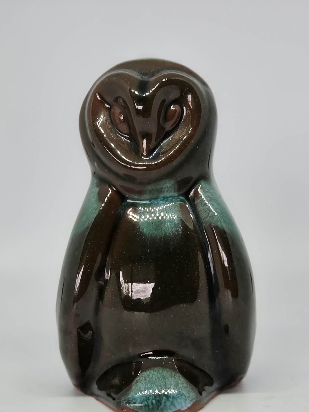 Blue Mountain Pottery Barn Owl Figurine Small Green Brown Drip Glaze Vintage